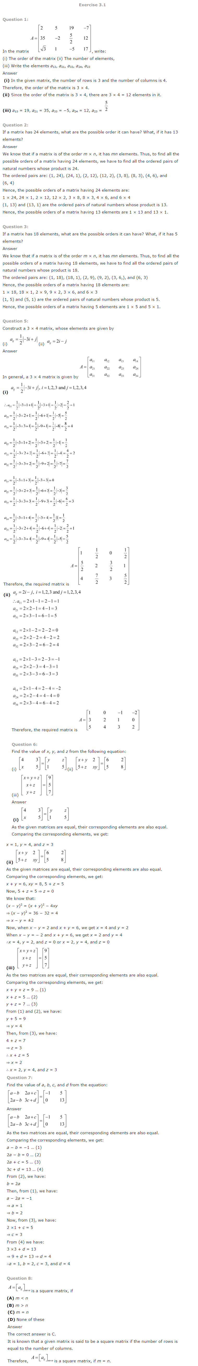 NCERT Solutions for Class 12 Maths Chapter 3 Matrices