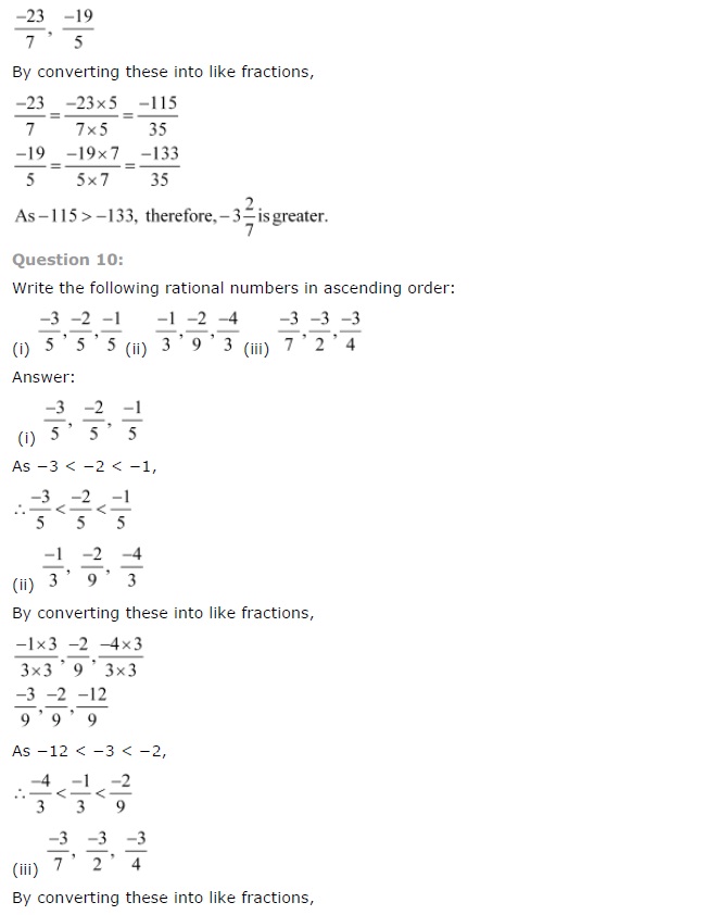 CBSE Solutions for Class 7th Maths Chapter 9 Rational Numbers Exercise 9.1