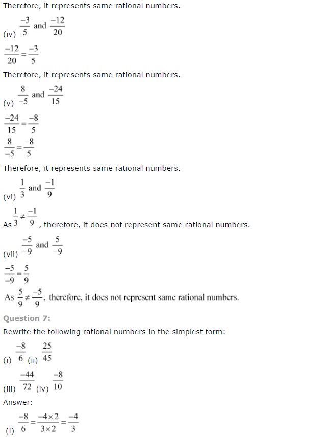 NCERT Solutions for Class 7th Chapter 9 Rational Numbers Exercise 9.1