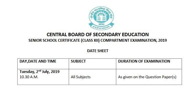 CBSE-Class-12th-Compartment-Exam-Date-Sheet-2019