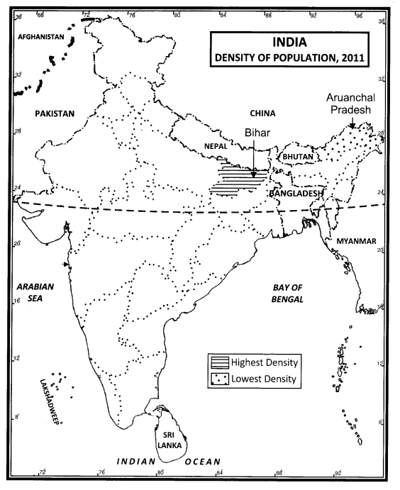 Class 12 Geography NCERT Solutions Chapter 1 Population Distribution, Density, Growth and Composition Map Based Questions Q1