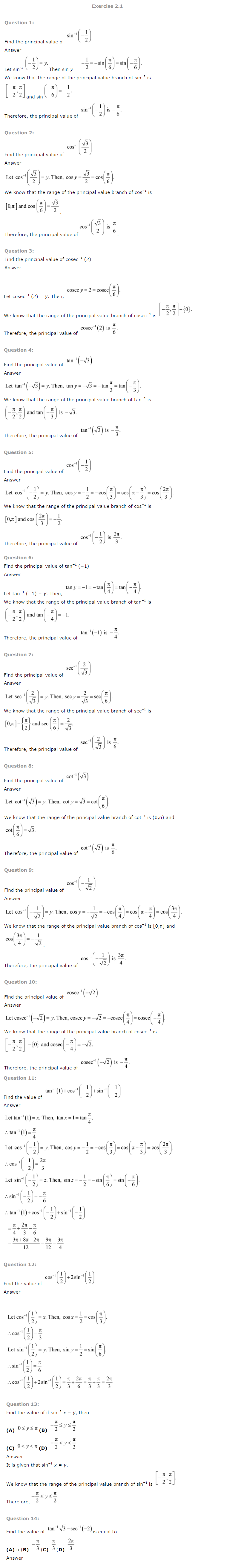 NCERT Solutions For Class 12 Maths Chapter 2 Inverse Trigonometric Functions 1