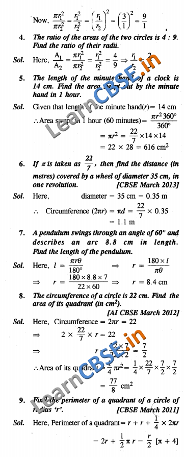  Areas Related to Circles NCERT Solutions Class 10 Maths Very Short Answer Type Question and Answers 01 
