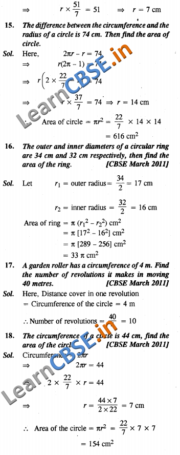  CBSE Class 10 Areas Related to Circles Solutions VSAQ 