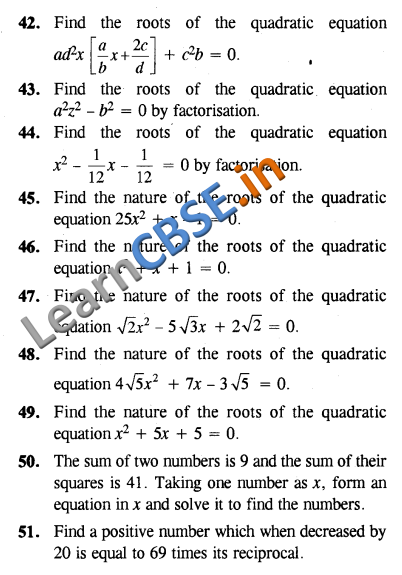  CBSE Class 10 Maths Quadratic Equations 