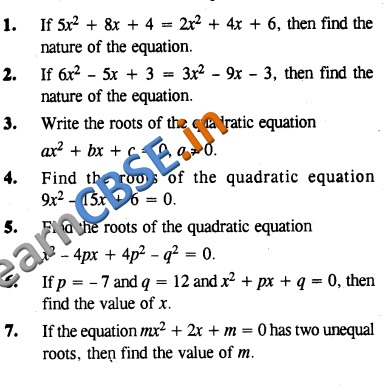  CBSE CCE Summative Assessment Class 10 Maths Quadratic Equations VSAQ 