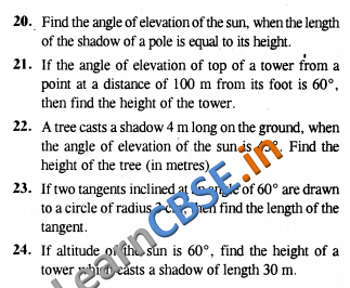  Maths CBSE CCE Summative Assessment Class 10 Some Applications Of Trigonometry VSAQ 