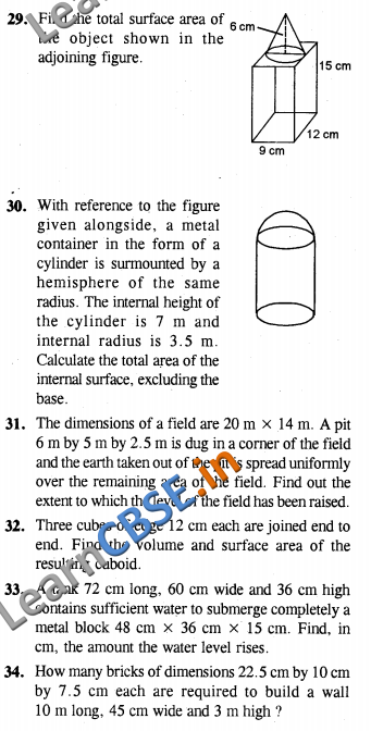  CBSE CCE Summative Assessment Class 10 Maths Surface Areas and Volumes SAQ 2 Marks 