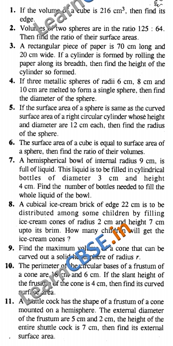  CBSE CCE Summative Assessment Class 10 Maths Surface Areas and Volumes VSAQ 