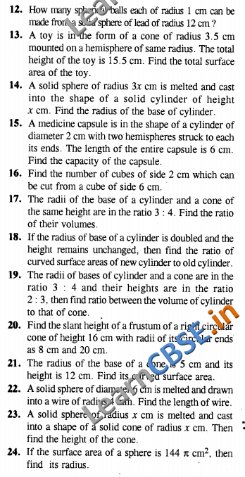  CBSE Class 10 Surface Areas and Volumes Solutions CCE Summative Assessment VSAQ 