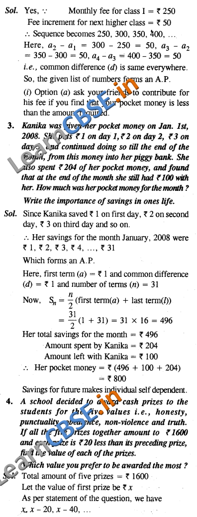 CBSE Class 10 Arithmetic Progressions Solutions  Value Based Questions 