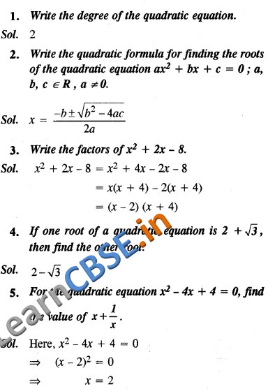  CBSE Class 10 Maths Quadratic Equations Formative Assessment 