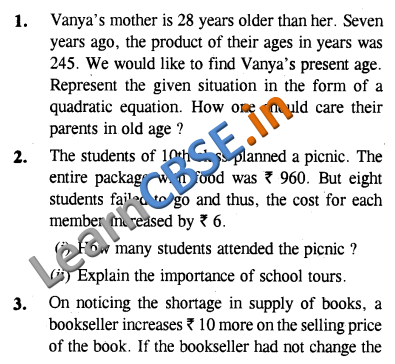  CBSE Class 10 Maths Quadratic Equations Value Based Questions For Practi 