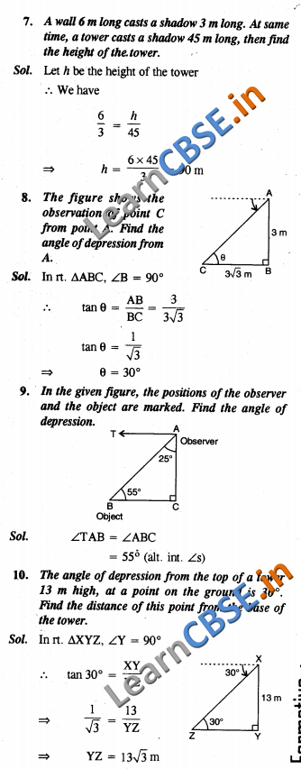  CBSE Class 10 Some Applications In Trigonometry Solutions Formative Assessment 