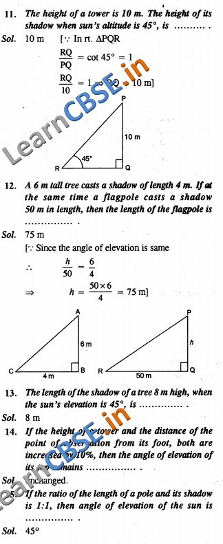  CBSE Class 10 Maths Some Applications Of Trigonometry Objective Type Questions 