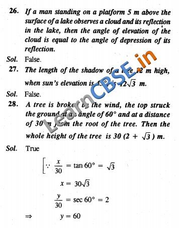 CBSE Class 10 Some Applications In Trigonometry Solutions Objective Type 