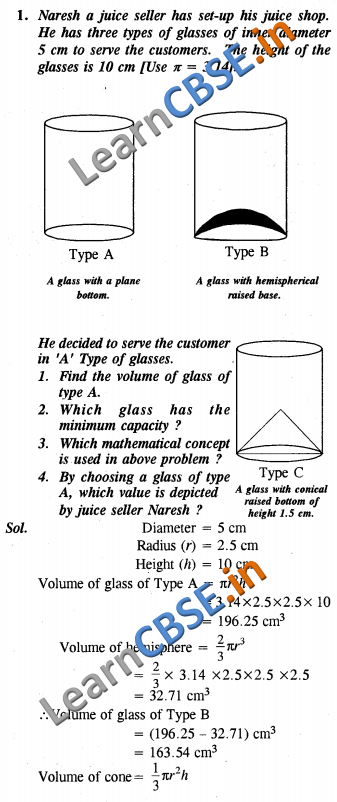  CBSE Class 10 Maths Surface areas and Volumes Value Based Questions 