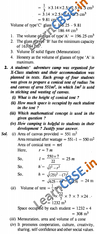 CBSE Class 10 Surface Areas and Volumes Solutions Value Based Questions 