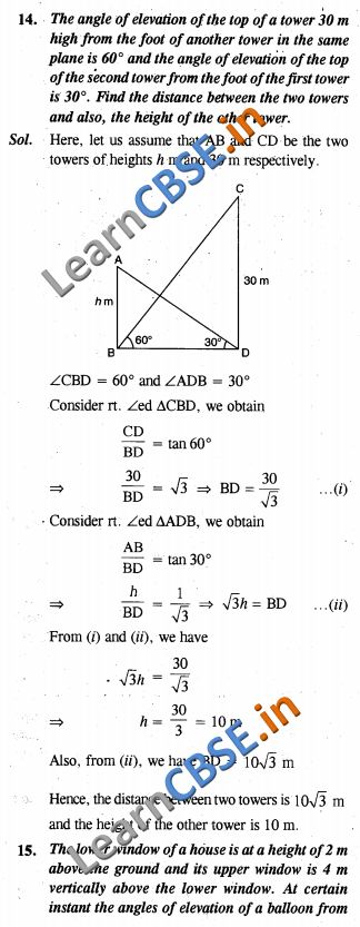  CBSE Class 10 Some Applications In Trigonometry Solutions NCERT Exemplar Solutions LAQ 