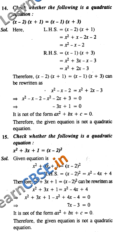  Quadratic Equations NCERT Solutions Class 10 Maths SAQ 2 Marks 